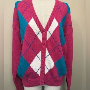 Sportables Vintage 1980s Argyle Knit Pink Button Ramie Blend Cardigan Size Large